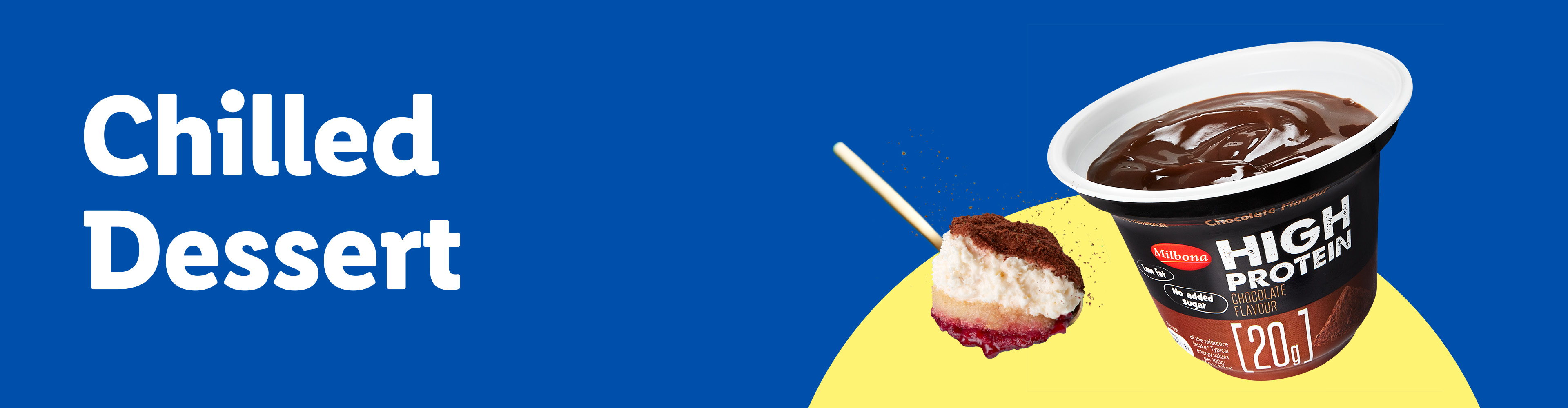 A chocolate protein pudding and a dessert on a stick with a blue and yellow background.
