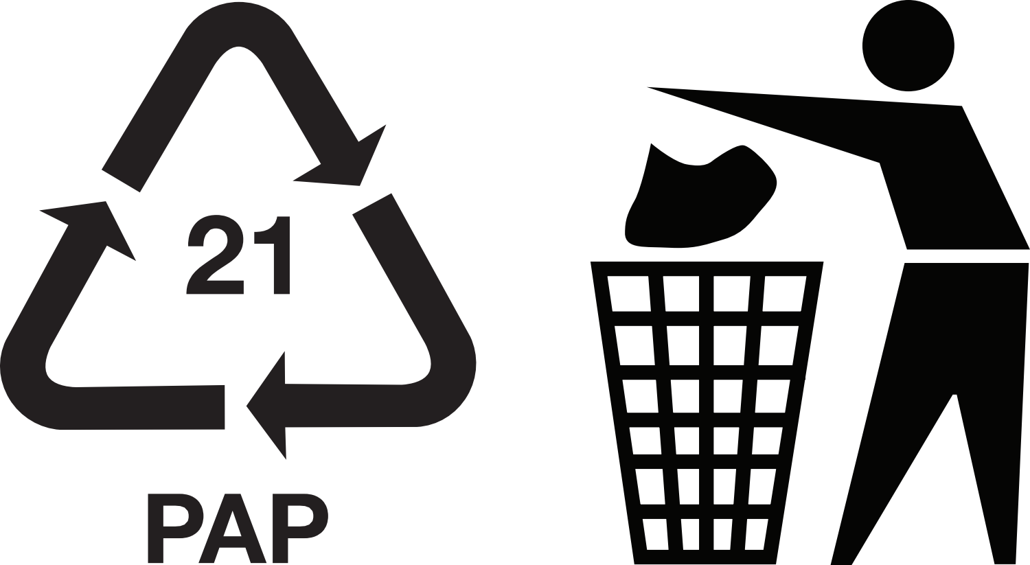 PAP 21 recycling symbol and dispose of in bin icon.