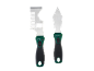 Two multi-purpose scrapers with ergonomic handles, one featuring a comb and bottle opener.