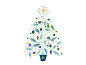 Illustration of a stylized Christmas tree in blue and gold tones.