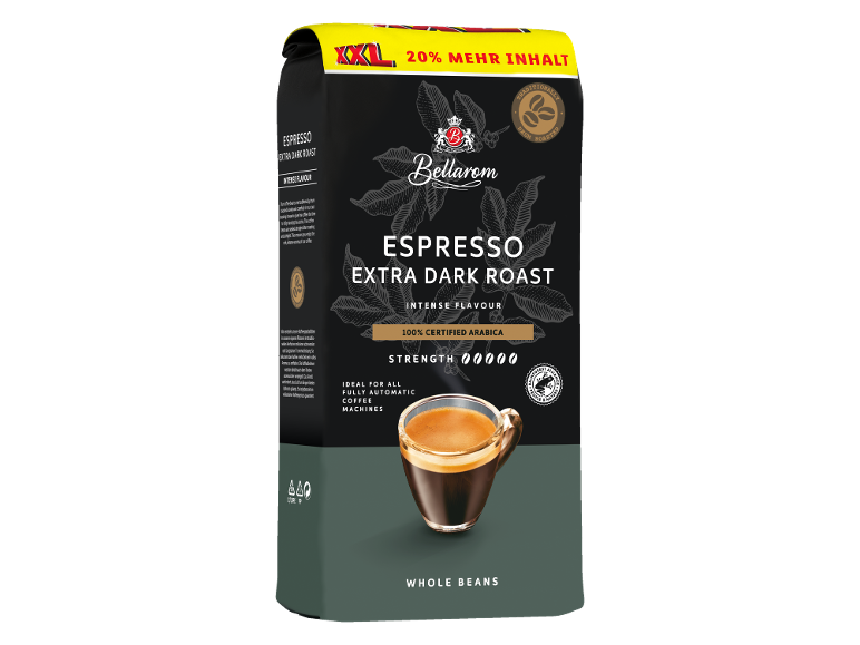 Espresso extra dark roast whole bean coffee package, 100% Arabica, with 20% more content.