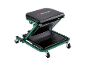 Green foldable workshop creeper with black padded seat and backrest, with wheels.