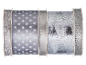 Christmas ribbon set with stars, trees, and glitter patterns in silver and grey.