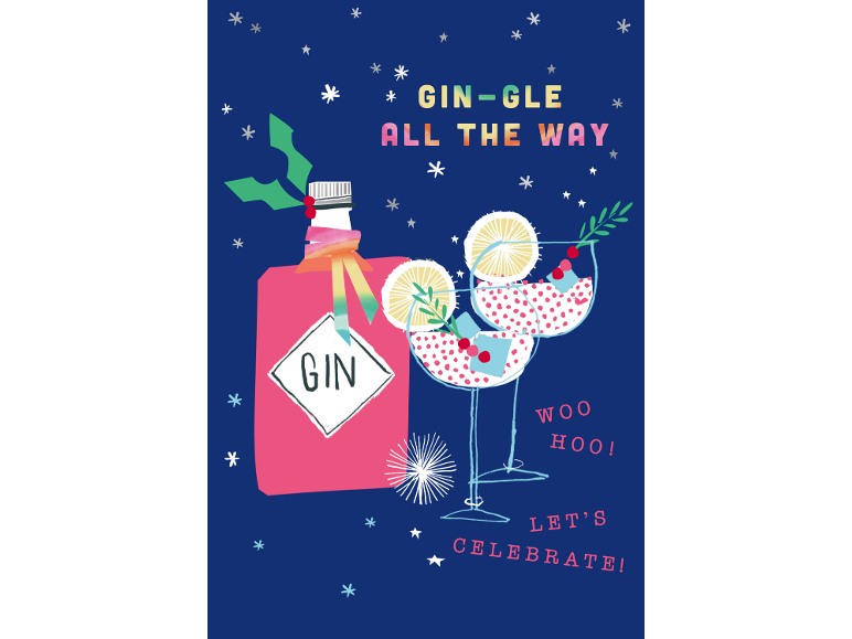 Festive Christmas card with 'Gin-gle all the way' text and a gin bottle.