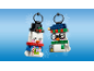 Two snowman building block ornaments with hanging loops on a blue background.