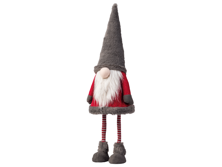 Christmas gnome decoration with a grey hat, white beard, red top, and striped legs