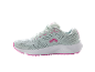 Light blue running shoes with pink accents and a white sole