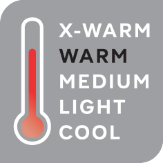 Thermometer indicating warmth levels: X-WARM, WARM, MEDIUM, LIGHT, COOL.