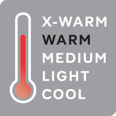 Thermometer scale: X-WARM, WARM, MEDIUM, LIGHT, COOL, with WARM highlighted.