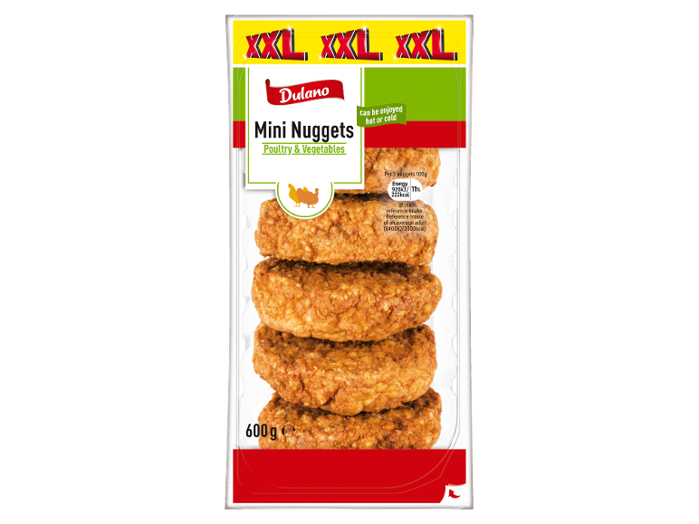 XXL mini nuggets with poultry and vegetables, 600g pack, for hot or cold enjoyment.