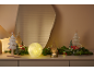 Festive Christmas decorations with a glowing light globe, small trees, and greenery on a dresser.