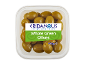 Transparent plastic container with whole green olives, with a label indicating 'Whole Green Olives 400g e'.