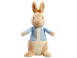 Plush rabbit wearing a blue jacket with gold buttons.