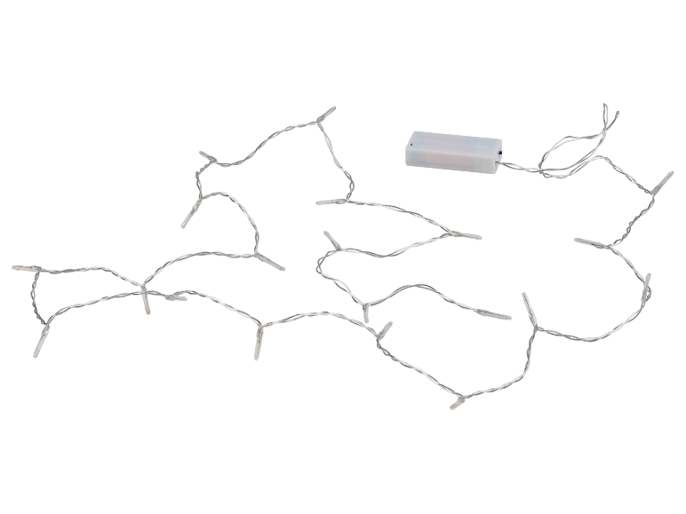 Battery-operated string lights with small LED bulbs on a black background.