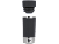 Black thermal mug with unscrewed lid and stainless steel finish.