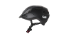 Black bicycle helmet with a visor and reflective elements.
