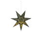 Illuminated dark green paper star with small cut-out stars and dots, hanging from a string.