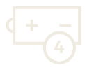 Battery icon with plus and minus signs, and the number 4 in a circle.
