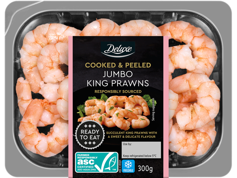 A pack of Deluxe cooked and peeled jumbo king prawns, 300g.