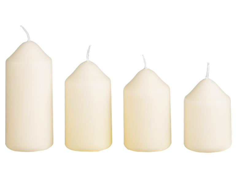 Four cream-colored wax candles of different sizes, with white wicks, on a black background.