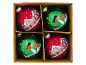 Red and green Christmas baubles with gingerbread houses and mushrooms.