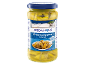 Jar of green peppers in brine, with a Greek theme.