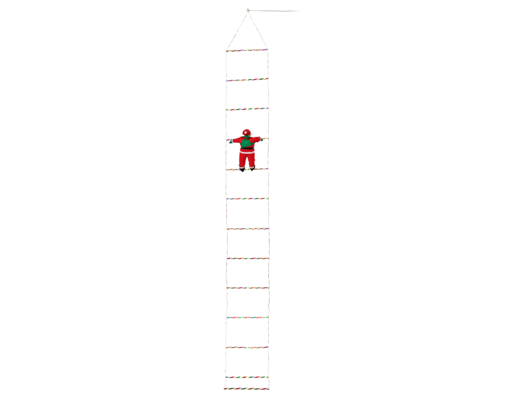 Santa Claus climbing a festive ladder with colorful lights against a black background.