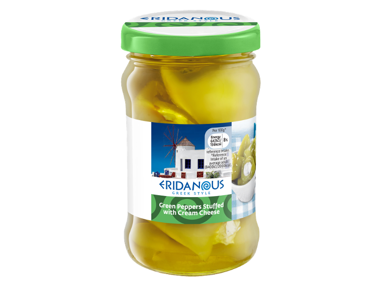 Green peppers stuffed with cream cheese, Greek style, in a jar.