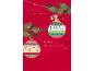 Christmas card with two decorated baubles and a festive greeting on a red background.