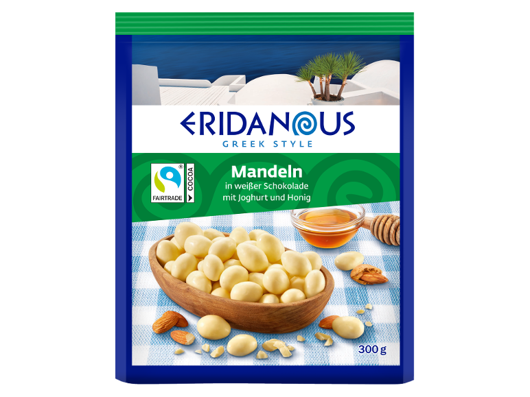 Almonds in white chocolate with yogurt and honey, Fairtrade cocoa, 300g, Greek style.