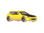 Yellow racing car with a black hood and dirt, viewed from the side.
