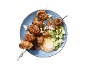 Meat skewers with sauce, cucumber, red onion, and feta cheese on a blue plate.