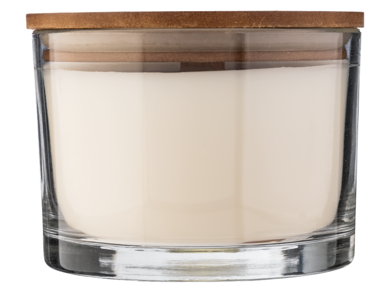 Candle in a glass jar with a wooden lid