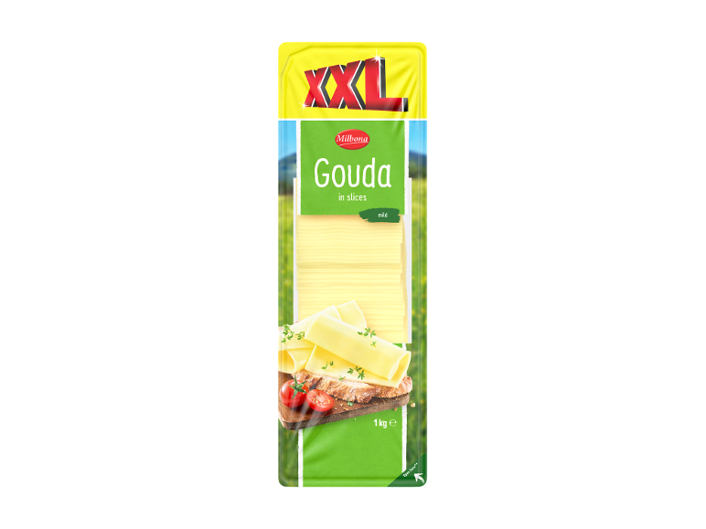 XXL pack of sliced Gouda cheese, labeled 'mild' and 1 kg e.