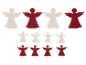 Wooden Christmas angel decorations, white and red, arranged in three rows.