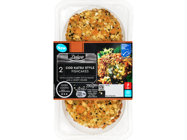 Pack of two cod katsu style fishcakes with a crispy crumb.