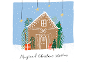 Christmas card featuring a gingerbread house, pine trees, and the text 'Magical Christmas Wishes'.