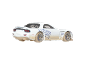 White toy car with blue details and dirt, viewed from a rear angle.