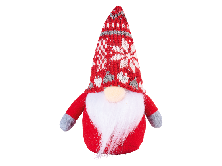 Christmas gnome decoration with a red knitted hat, white beard, and red body.