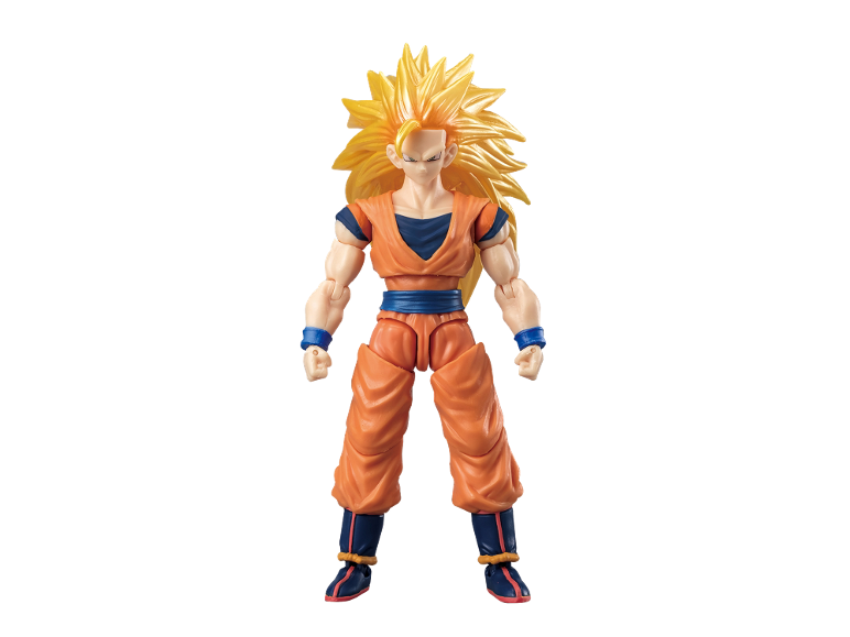 Action figure with yellow hair in orange and blue attire.