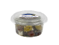 Kalamata and green olives with feta in a clear plastic container.