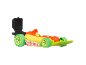 Toy hot dog race car with green wheels and red and yellow detailing.