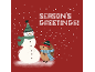 Red holiday card featuring a snowman, a hedgehog, and the text 'Season's Greetings!'.