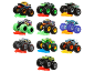 Nine toy monster trucks in various colors and designs, including a shark and dinosaur.