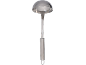 Stainless steel soup ladle with a long handle and a hanging hook.