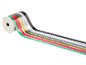 Rolls of ribbons in various colors: green, red, gold, grey, white, and black.