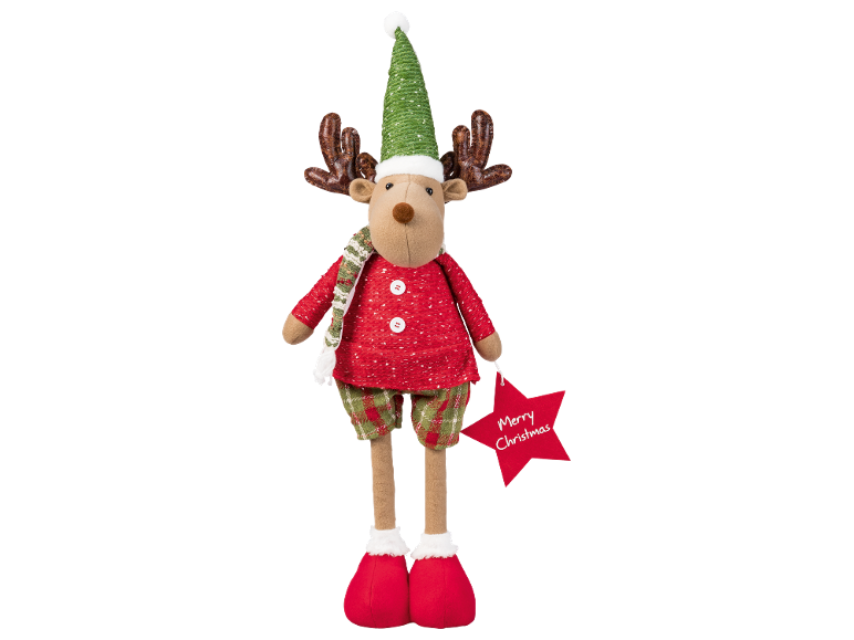 Decorative Christmas reindeer with green hat, scarf, and 'Merry Christmas' tag.