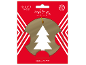 Ten round gift tags with a Christmas tree design on a red background.