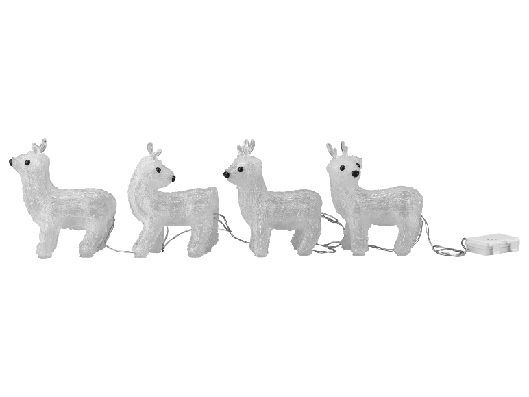 Four white decorative reindeer with black eyes, connected by a string of lights.