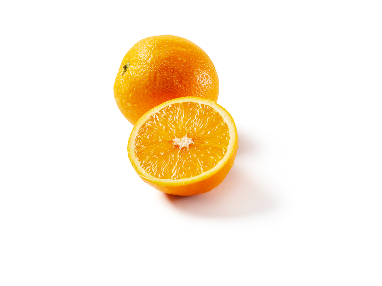 A whole orange and a half orange with water droplets.